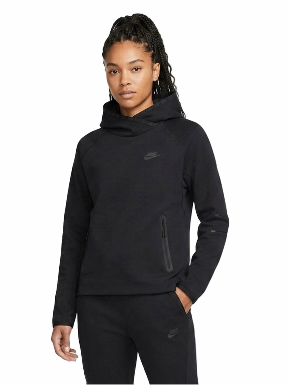 Nike Tech Fleece Funnel Neck Black Pullover Hoodie Sweatshirt Woman Lady Large
